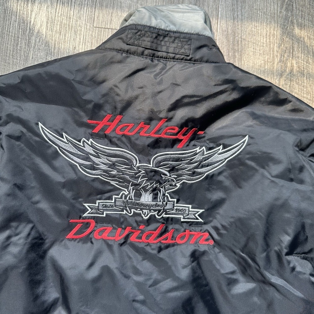 Harley Davidson Mens Nylon Puffer Jacket Reversible Black Gray Large AUTHENTIC